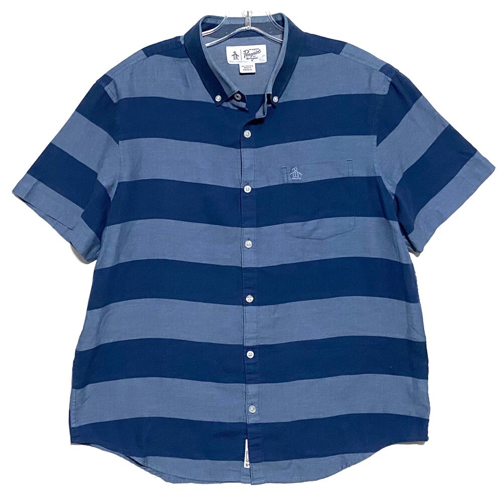 Penguin Blue Striped Button Shirt Mens XL Preppy Classic Casual Coastal Nautical